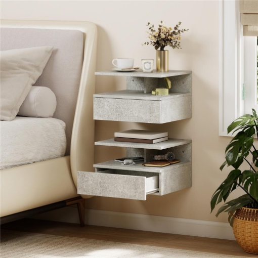 Set di 2 Comodini Sospesi con Cassetto e Mensola Aperta, 35x32x22.5 cm, Grigio Cemento
