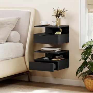 Set di 2 Comodini Sospesi con Cassetto e Mensola Aperta, 35x32x22.5 cm, Nero