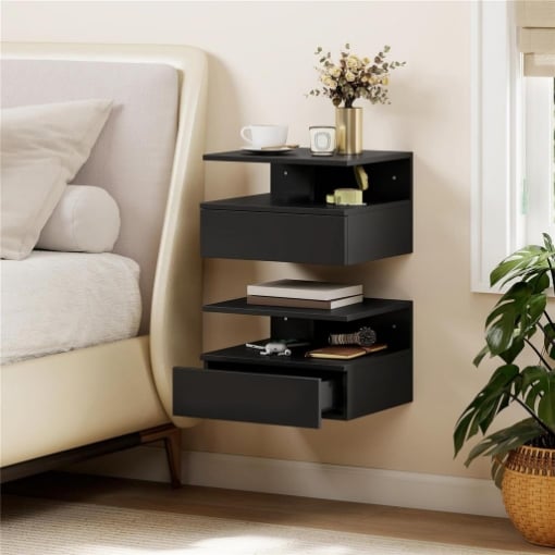Set di 2 Comodini Sospesi con Cassetto e Mensola Aperta, 35x32x22.5 cm, Nero