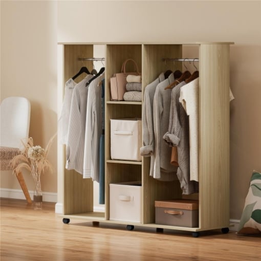 ARMADIO GUARDAROBA A ROTELLE CON 2 BARRE E 3 RIPIANI APERTI, IN LEGNO E ALLUMINIO, 120X40X128 CM, COLOR LEGNO