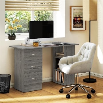 Scrivania Moderna con 3 Cassetti e 3 Ripiani per Camera e Ufficio, in Legno, 120x49x72 cm, Grigio