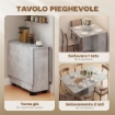 Tavolo da Pranzo Pieghevole a Ruote con 2 Cassetti, 2 Ante e Armadietto, in Legno, 140x76x74 cm, Grigio Cemento