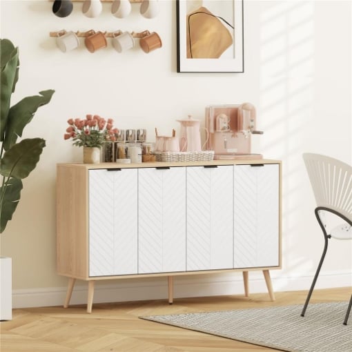 MOBILE CONTENITORE CON 2 ARMADIETTI A RIPIANI REGOLABILI, IN LEGNO DI PINO, 120X35X77.4 CM, COLOR LEGNO E BIANCO