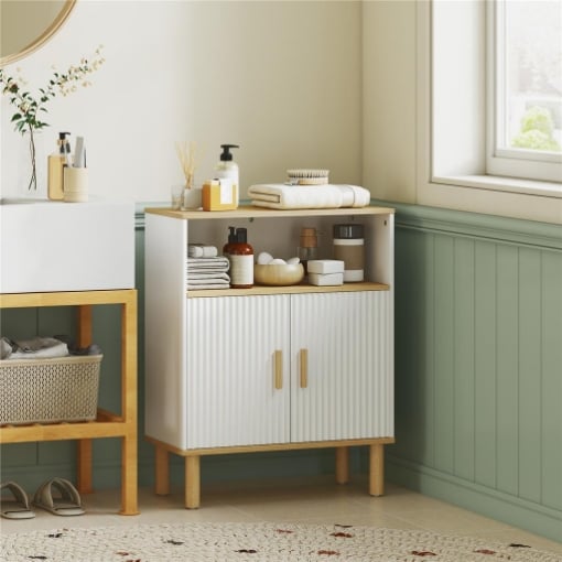 MOBILE BAGNO AUTOPORTANTE CON RIPIANO REGOLABILE, BIANCO E LEGNO NATURALE