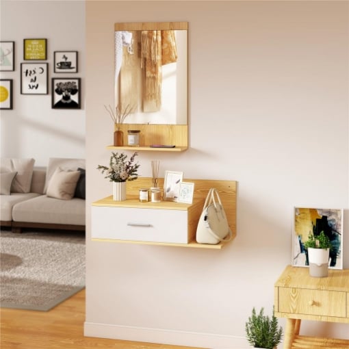 Set da Ingresso con Specchio con Mensola e Mobiletto a Parete con Cassetto e 2 Ripiani Aperti, in Legno e Vetro