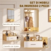 Set da Ingresso con Specchio con Mensola e Mobiletto a Parete con Cassetto e 2 Ripiani Aperti, in Legno e Vetro