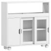 Mobile per Bagno a Rotelle in Legno con Spazio Aperto, Ripiani Regolabili e Ante in Vetro, 71x20x70 cm, Bianco