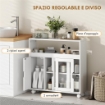 Mobile per Bagno a Rotelle in Legno con Spazio Aperto, Ripiani Regolabili e Ante in Vetro, 71x20x70 cm, Bianco