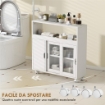 Mobile per Bagno a Rotelle in Legno con Spazio Aperto, Ripiani Regolabili e Ante in Vetro, 71x20x70 cm, Bianco