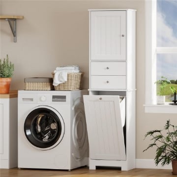 Mobile Bagno con Cesto per Biancheria Pieghevole, Armadietto e 2 Cassetti, in Legno, 45x30x171 cm, Bianco