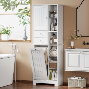 ARMADIETTO DA BAGNO BIANCO, CESTO BIANCHERIA INCLINABILE, CASSETTI