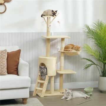 TORRE PER GATTI CON CASETTA, TRESPOLO, PIATTAFORME E 4 TOPOLINI APPESI, 60X35X134 CM, BEIGE