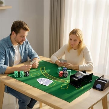 SET POKER CON 300 FICHES, MESCOLATORE E DISTRIBUTORE CARTE, TAPPETINO, 5 DADI, PULSANTE DEALER E VALIGETTA