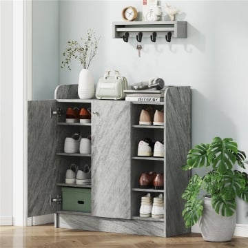SCARPIERA MODERNA IN LEGNO CON 4 RIPIANI APERTI E ARMADIETTO PER 12 PAIA,, 83X30X90 CM, GRIGIO CEMENTO