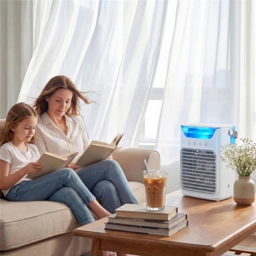 VENTILATORE DA TAVOLO CON 3 VELOCITÀ, LUCE RGB E TESTA REGOLABILE, BIANCO