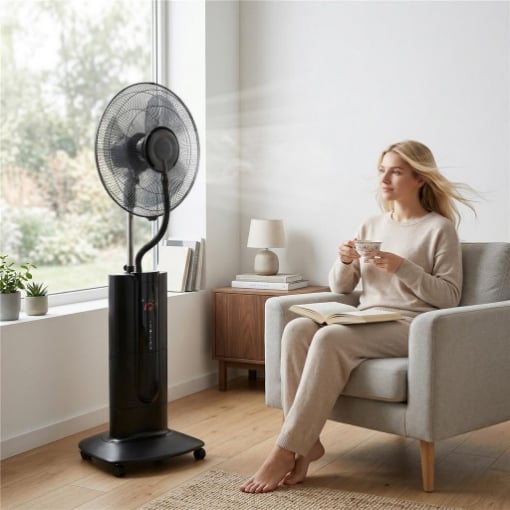 Ventilatore a Piantana 3 in 1 Oscillante con Nebulizzatore d'Acqua, Telecomando e Timer 9h, 45x38x130 cm, Nero