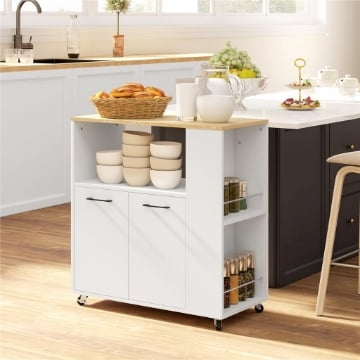 Carrello Cucina in Legno con Ripiano Aperto, Armadietto e Scaffale Laterale, 75x40x80.5 cm, color Rovere e Bianco