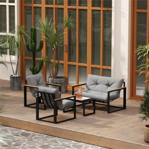 Set da Giardino 4 Pezzi con 2 Sedie, Divanetto 2 Posti e Tavolino, in Acciaio e Poliestere Grigio Chiaro e Nero