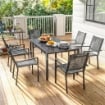 SET DA GIARDINO 7 PEZZI IN ACCIAIO CON TAVOLO RETTANGOLARE E 6 SEDIE IMPILABILI TRASPIRANTI, GRIGIO E NERO