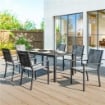 SET DA GIARDINO 7 PEZZI IN ACCIAIO CON TAVOLO RETTANGOLARE E 6 SEDIE IMPILABILI TRASPIRANTI, GRIGIO E NERO