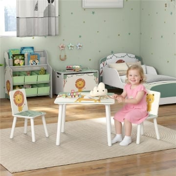 SET ARREDO CAMERETTA CON TAVOLO E 2 SEDIE PER BAMBINI DA 3-8 ANNI CON FANTASIA CON ANIMALI, VERDE