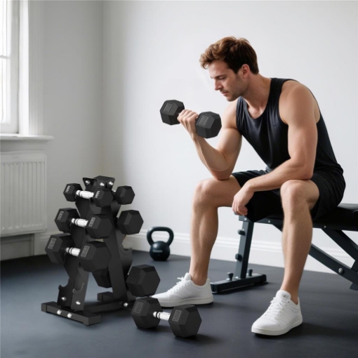 SET MANUBRI DA PALESTRA ESAGONALI CON SUPPORTO E IMPUGNATURA ANTISCIVOLO, 2X2KG, 2X5KG, 2X8KG, 2X10KG, NERO
