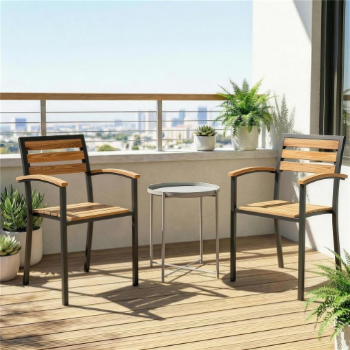 Set di 2 Sedie Impilabili da Esterno in Legno e Acciaio, Colore Legno Naturale