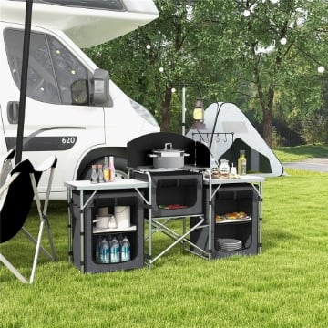 CUCINA DA CAMPEGGIO PIEGHEVOLE A 3 PIANI CON 5 RIPIANI INTERNI E 4 GANCI, 172X48X119 CM, NERO