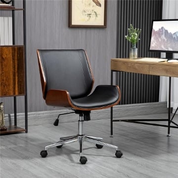 SEDIA DA UFFICIO VINTAGE IMBOTTITA, IN FINTA PELLE, LEGNO E ACCIAIO, 53X60X86-96 CM, NERO E MARRONE SCURO