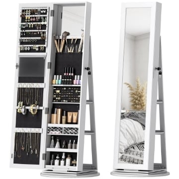 SPECCHIO PORTAGIOIE 3 IN 1 GIREVOLE A 360¦, RIPIANI POSTERIORI E ANTA CON CHIAVE, 55X55X161 CM, BIANCO