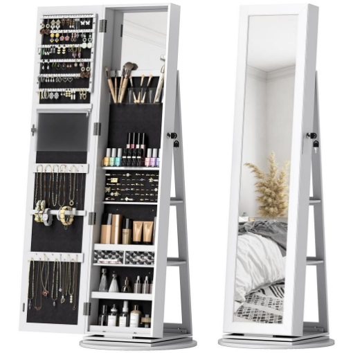 SPECCHIO PORTAGIOIE 3 IN 1 GIREVOLE A 360¦, RIPIANI POSTERIORI E ANTA CON CHIAVE, 55X55X161 CM, BIANCO