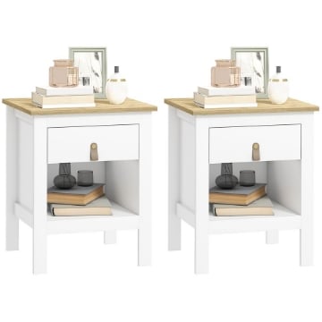 SET 2 COMODINI CON CASSETTO E RIPIANO APERTO IN LEGNO, 45X40X55 CM, BIANCO E ROVERE