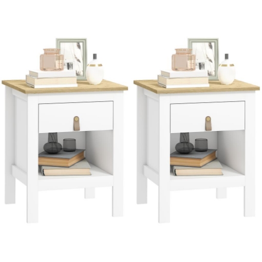 SET 2 COMODINI CON CASSETTO E RIPIANO APERTO IN LEGNO, 45X40X55 CM, BIANCO E ROVERE