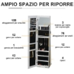 SPECCHIO PORTAGIOIE A LED CON 4 SCAFFALI E SPAZI PORTAOGGETTI, IN LEGNO E VETRO, 15X15X61.75 CM, BIANCO