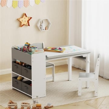 SET TAVOLO E SEDIE PER BAMBINI CON 2 SEDIE E TAVOLINO CONTENITORE, IN LEGNO E TESSUTO NON TESSUTO, GRIGIO E BIANCO