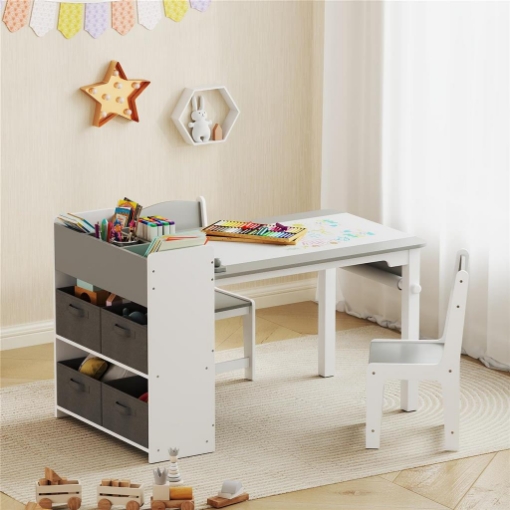SET TAVOLO E SEDIE PER BAMBINI CON 2 SEDIE E TAVOLINO CONTENITORE, IN LEGNO E TESSUTO NON TESSUTO, GRIGIO E BIANCO