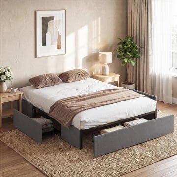 STRUTTURA LETTO MATRIMONIALE A DOGHE CON 3 CASSETTI, IN LEGNO, POLIESTERE E METALLO, 165X193X30 CM, GRIGIO