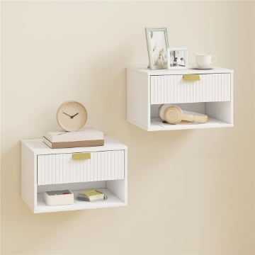 Set di 2 Comodini Sospesi con Cassetto Decorato e Mensola Aperta, Bianco