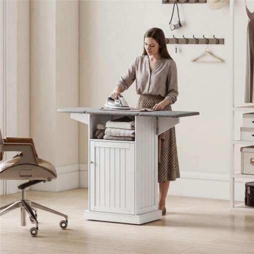 Mobile Asse da Stiro Pieghevole a Rotelle con Ripiano Aperto e Armadietto, 121x37x89 cm, Bianco e Grigio
