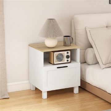 Comodino Moderno con Cassetto e Ripiano in Legno, 45x38x50 cm, Bianco e color Legno