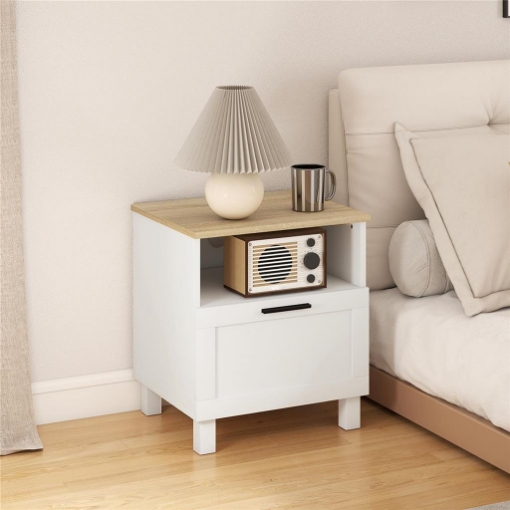 Comodino Moderno con Cassetto e Ripiano in Legno, 45x38x50 cm, Bianco e color Legno