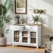 Credenza Cucina Mobile Buffet Ante in Vetro 100x35x80.3cm Bianco e Rovere