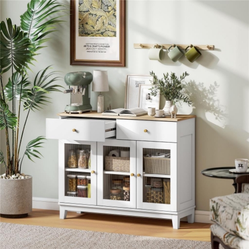 Credenza Cucina Mobile Buffet Ante in Vetro 100x35x80.3cm Bianco e Rovere