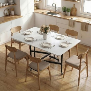 Tavolo Pieghevole per 4-6 Persone con 2 Ribalte e Ruote con Freno, 120x80x73 cm, Bianco Legno