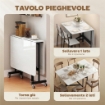 Tavolo Pieghevole per 4-6 Persone con 2 Ribalte e Ruote con Freno, 120x80x73 cm, Bianco Legno