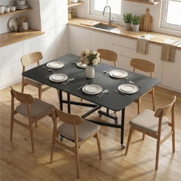 Tavolo Pieghevole per 4-6 Persone con 2 Ribalte e Ruote con Freno, 120x80x73 cm, Nero Effetto Legno