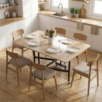 Tavolo Pieghevole per 4-6 Persone con 2 Ribalte e Ruote con Freno, 120x80x73 cm, Rovere