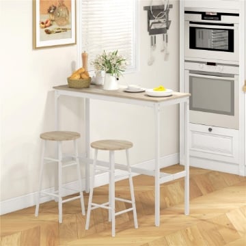 SET TAVOLO ALTO E 2 SGABELLI DA BAR CON POGGIAPIEDI STILE INDUSTRIALE, BIANCO E ROVERE