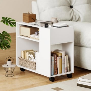 Tavolino da Salotto con Ruote, Vani Aperti, Ripiano e Scomparto, 70x36x60 cm, Bianco