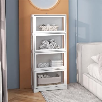 VETRINA PER COLLEZIONE A 4 RIPIANI CON ANTE A BATTENTE, IN LEGNO E ACRILICO, 59X30X139 CM, BIANCO